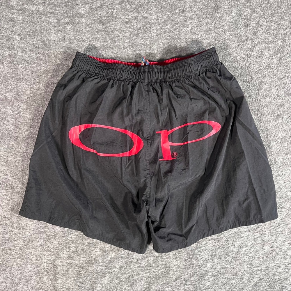 Vintage 90s Ocean Pacific OP Swim Trunks Black Red Spellout Logo Mens Medium 777
